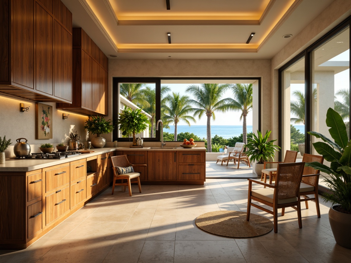 Prompt: Vibrant tropical kitchen, warm wooden cabinets, exotic island-inspired decor, lush greenery, natural stone countertops, polished chrome fixtures, pendant lighting, soft warm glow, layered lighting, LED strip lights, under-cabinet lighting, ambient light sources, warm beige walls, creamy white ceilings, large windows, sliding glass doors, outdoor seating area, poolside views, palm trees, sunny day, shallow depth of field, 1/1 composition, realistic textures.