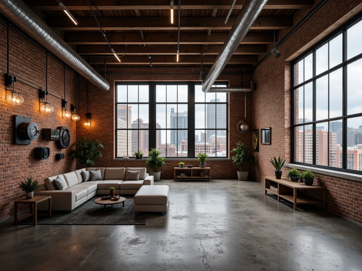 Prompt: Exposed brick walls, industrial pipes, metal beams, reclaimed wood accents, urban loft atmosphere, modern cityscape views, functional minimalism, distressed textures, concrete floors, steel windows, Edison bulb lighting, mechanical equipment displays, factory-inspired decor, metallic color palette, industrial-chic ambiance, high ceilings, open floor plans, functional simplicity, gritty urban feel, dramatic shadows, low-key lighting, 3/4 composition, realistic renderings.