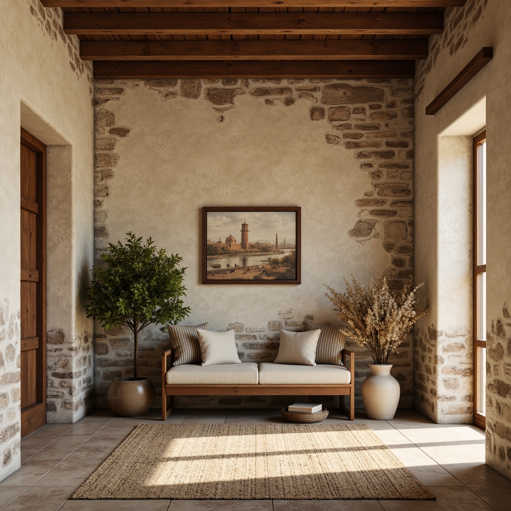 Prompt: Rustic stone walls, distressed wood paneling, soft cream-colored plaster, textured linen finishes, vintage-inspired wallpaper, worn brick facades, aged terracotta tiles, rough-hewn wooden beams, natural fiber rugs, earthy tone color palette, warm golden lighting, shallow depth of field, 1/1 composition, realistic textures, ambient occlusion.