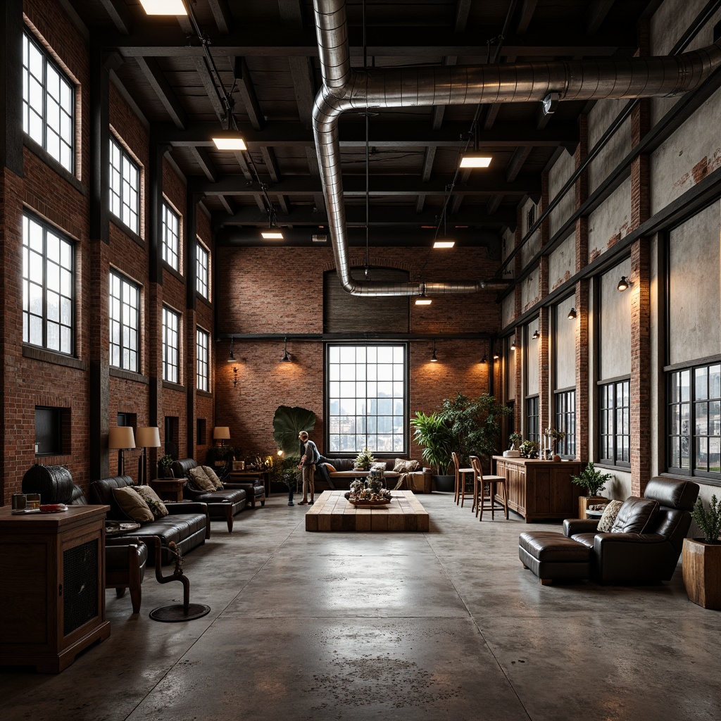 Prompt: Rustic factory setting, exposed brick walls, metal beams, industrial pipes, reclaimed wood accents, vintage machinery, distressed concrete floors, urban landscape, gritty cityscape, moody lighting, high ceilings, open spaces, functional decor, raw textures, metallic colors, bold typography, dynamic composition, realistic materials, atmospheric effects.