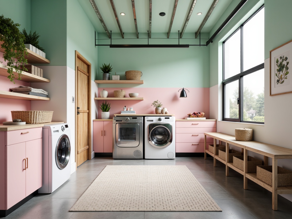 Prompt: Vibrant laundry room, pastel pink accents, soft mint green walls, crisp white cabinets, stainless steel appliances, industrial-chic metal beams, polished concrete floors, modern minimalist decor, geometric patterned tiles, bright overhead lighting, task-oriented LED strips, functional shelving units, woven natural fiber baskets, airy openness, 1/1 composition, shallow depth of field, realistic textures.