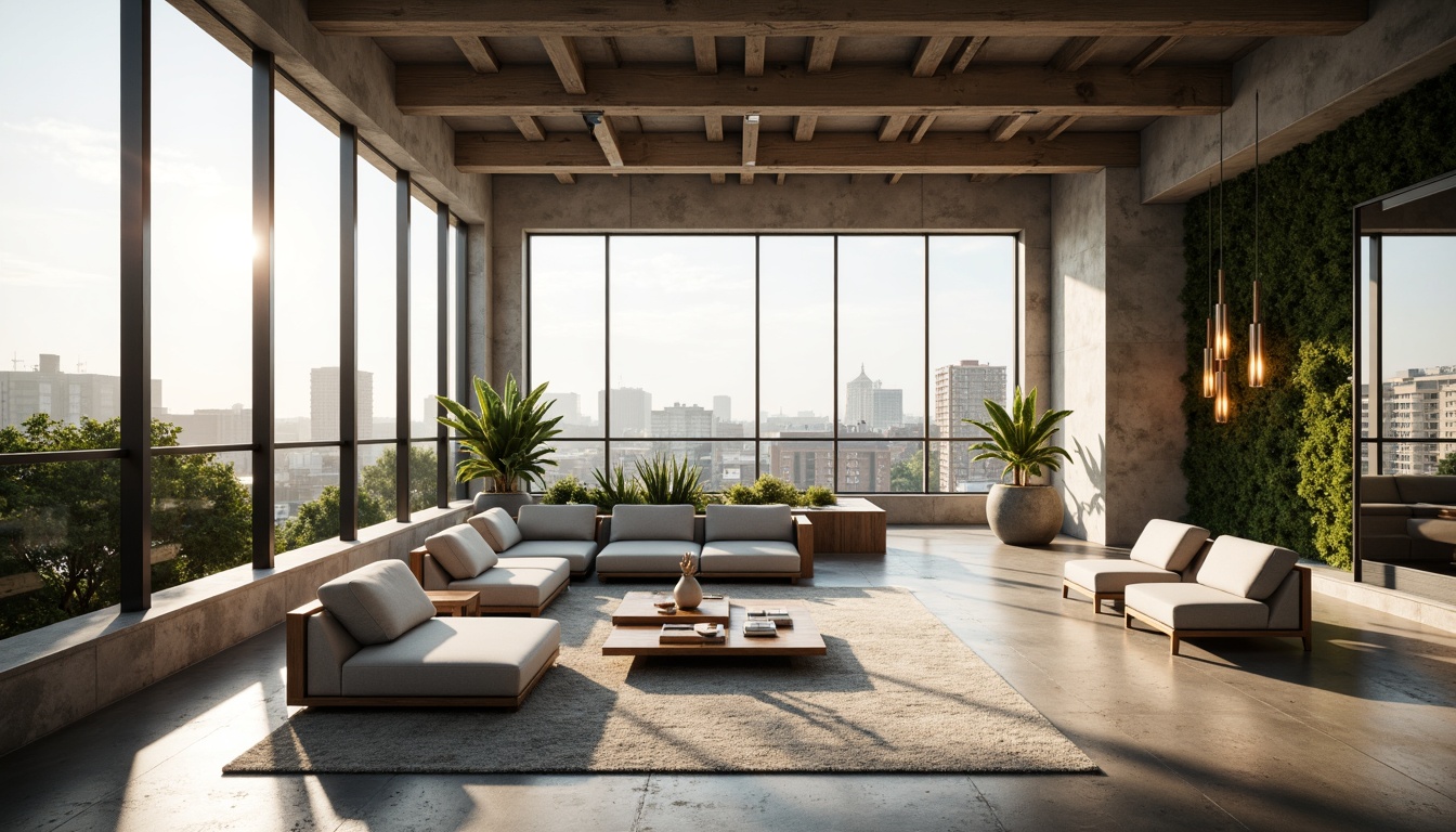 Prompt: Minimalist living room, open floor plan, high ceilings, large windows, natural light, airy atmosphere, sleek furniture, low-profile sofas, geometric coffee tables, industrial metal lighting, polished concrete floors, greenery walls, urban loft vibe, modern cityscape views, sunny afternoon, soft warm glow, shallow depth of field, 1/1 composition, realistic textures, ambient occlusion.