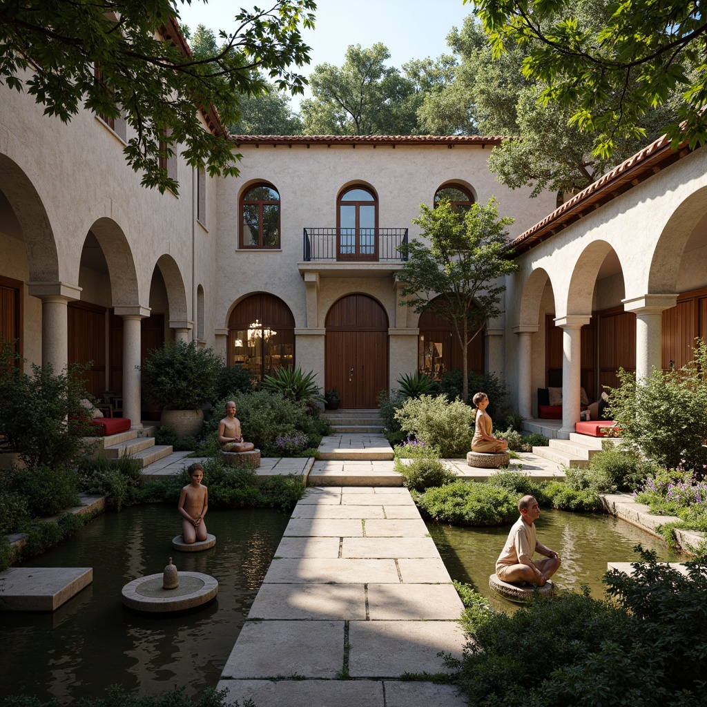 Prompt: Serene monastery courtyard, rustic stone walls, wooden gates, tranquil water features, lush greenery, peaceful walking paths, spiritual sculptures, ornate fountains, cloistered corridors, vaulted ceilings, stained glass windows, warm soft lighting, 3/4 composition, symmetrical balance, harmonious color palette, natural materials, earthy tones, minimalist decor, contemplative ambiance, secluded seating areas, prayer rooms, scriptoriums, refectories, monk's quarters, candlelit spaces, subtle texture variations, ambient occlusion.