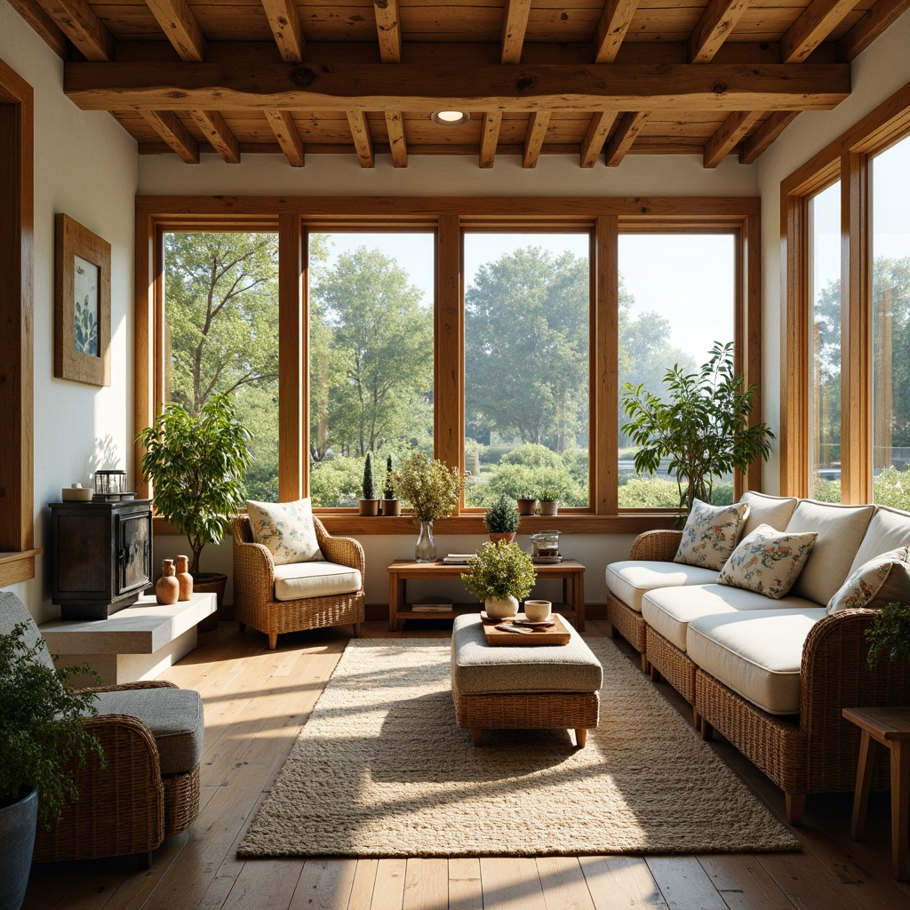 Prompt: Rustic farmhouse, vintage sunroom, warm earthy tones, natural wood accents, distressed finishes, soft creamy whites, muted sage greens, weathered blues, cozy textiles, plush throw pillows, botanical prints, wicker furniture, reclaimed wood beams, lush greenery views, abundant natural light, airy atmosphere, 1/2 composition, warm golden lighting, shallow depth of field.