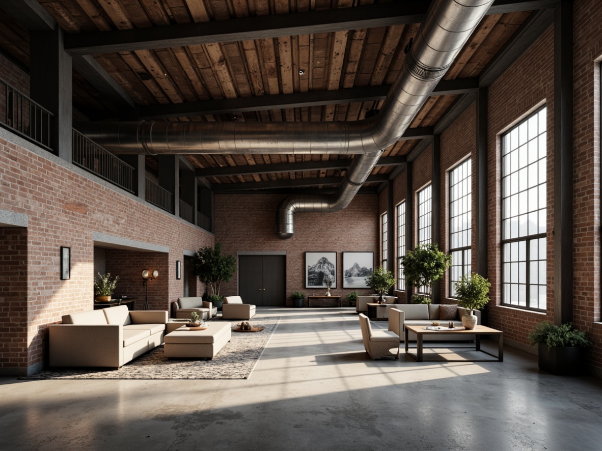 Prompt: Rugged warehouse interior, exposed ductwork, concrete floors, industrial metal beams, raw brick walls, minimalist decor, functional lighting, urban atmosphere, converted space, open layout, reclaimed wood accents, steel columns, mechanical equipment visible, brutalist architecture, dramatic shadows, high ceilings, sparse furnishings, monochromatic color scheme, natural textures, cinematic lighting, 1/1 composition, realistic render.