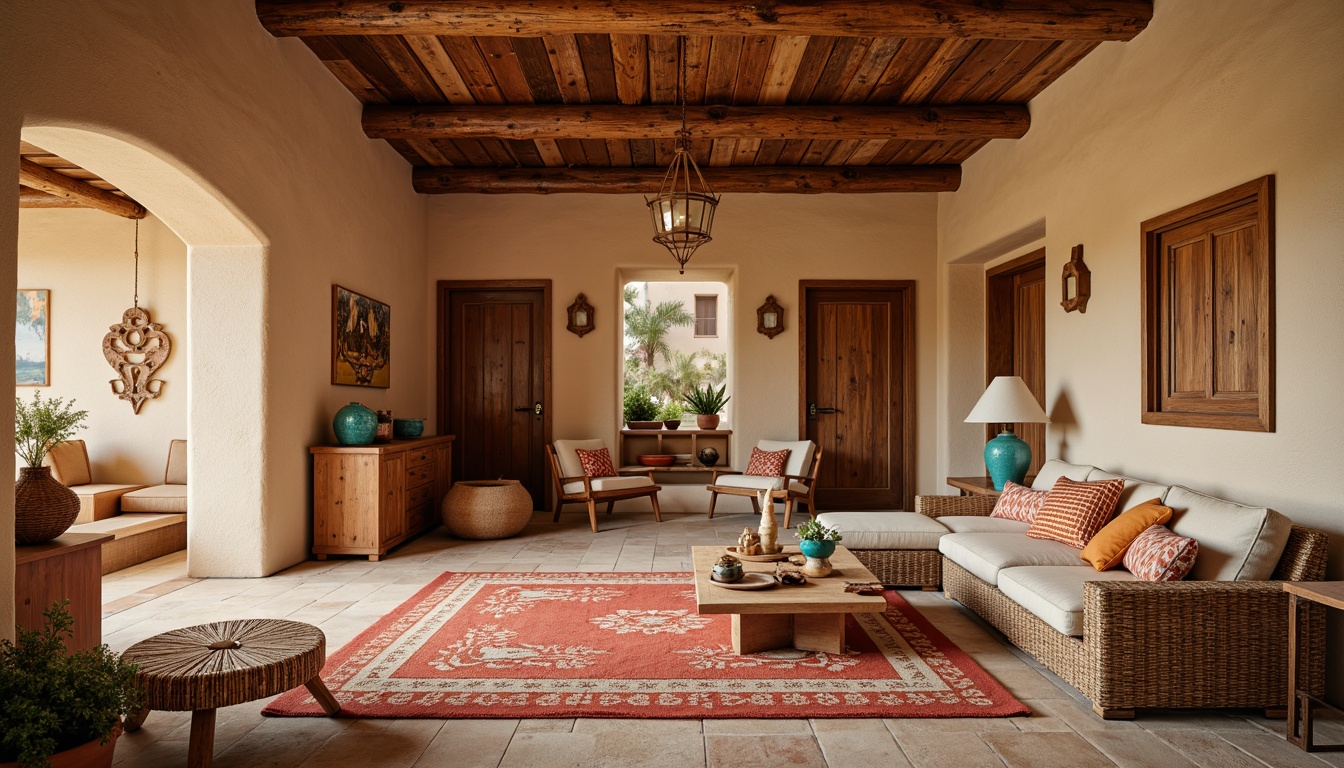 Prompt: Southwestern interior, earthy tones, warm beige walls, rustic wood accents, turquoise decorative accessories, vibrant red and orange hues, sandy stone floors, woven textiles, natural fiber rugs, geometric patterns, Native American-inspired motifs, clay pottery, adobe-style architecture, soft warm lighting, shallow depth of field, 3/4 composition, panoramic view, realistic textures, ambient occlusion.