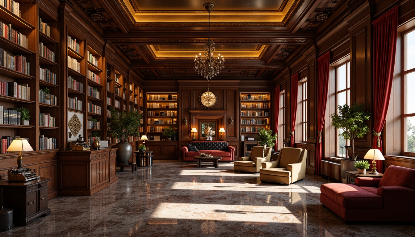 Prompt: Elegant bookshelves, ornate wooden accents, warm golden lighting, comfortable reading nooks, plush armchairs, rich velvet drapes, classic literary masterpieces, leather-bound tomes, vintage typewriters, antique globes, refined marble floors, intricate moldings, subtle aroma of old books, soft instrumental background music, 1/2 composition, shallow depth of field, warm color palette, realistic textures, ambient occlusion.