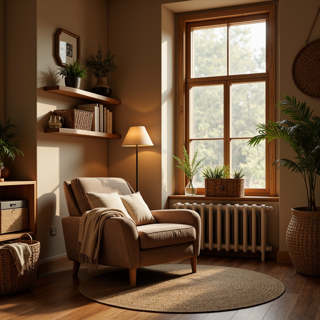 Prompt: Cozy reading nook, plush velvet armchair, soft cashmere throw blanket, warm beige walls, wooden floorboards, comfortable pillows, golden lamp lighting, natural fiber rugs, earthy color palette, organic textures, rustic wooden shelves, woven baskets, calming ambiance, shallow depth of field, 1/1 composition, realistic rendering.