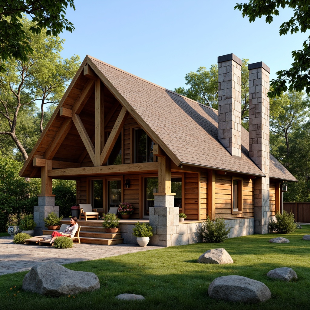 Prompt: Cozy cabin, rustic wooden exterior, earthy color palette, stone chimneys, steeply pitched roofs, overhanging eaves, exposed rafters, decorative trusses, wooden brackets, rectangular columns, natural stone foundations, lush greenery, blooming flowers, warm sunny day, soft warm lighting, shallow depth of field, 3/4 composition, panoramic view, realistic textures, ambient occlusion.