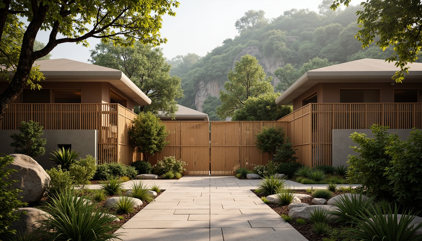 Prompt: Wildlife reserve entrance, rustic wooden gates, natural stone walls, earthy tone buildings, organic curves, bamboo roofing, reclaimed wood accents, living green walls, exotic plant species, tropical trees, misty atmosphere, soft warm lighting, shallow depth of field, 1/1 composition, realistic textures, ambient occlusion.