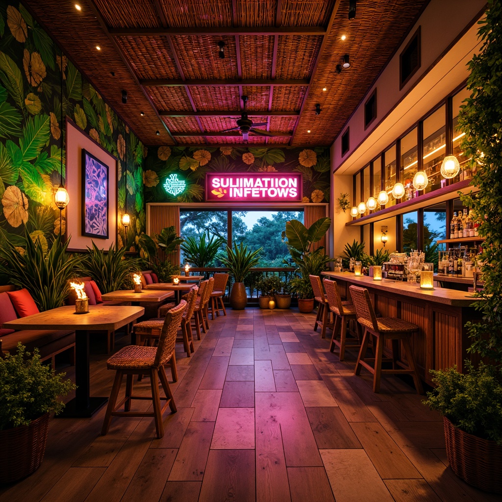 Prompt: Vibrant tropical bar interior, lush greenery, exotic plants, warm wooden accents, woven rattan furniture, colorful tiki torches, neon signs, LED lights, dimmable ambient lighting, pendant lamps, hanging lanterns, glass bottle chandeliers, natural fiber textiles, woven bamboo ceiling, distressed wood flooring, tropical island-inspired artwork, sunset hues, warm golden lighting, soft shadows, 1/1 composition, atmospheric rendering, realistic materials.