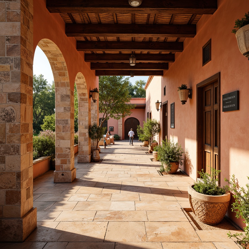 Prompt: Vibrant Mediterranean bus station, warm terracotta tiles, rustic stone walls, decorative ceramic accents, wooden beams, natural limestone flooring, earthy color palette, sunny day, soft warm lighting, shallow depth of field, 3/4 composition, panoramic view, realistic textures, ambient occlusion.