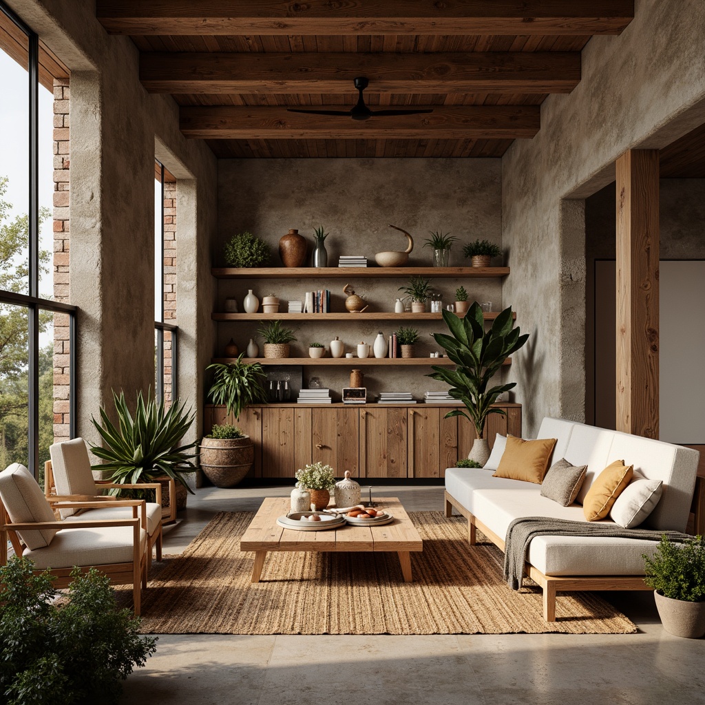 Prompt: Rustic wooden accents, natural stone walls, earthy color palette, reclaimed wood furniture, woven rattan textures, organic shapes, minimalist decor, industrial metal beams, exposed brick structures, distressed finishes, vintage decorative items, cozy warm lighting, shallow depth of field, 1/2 composition, realistic renderings, ambient occlusion.