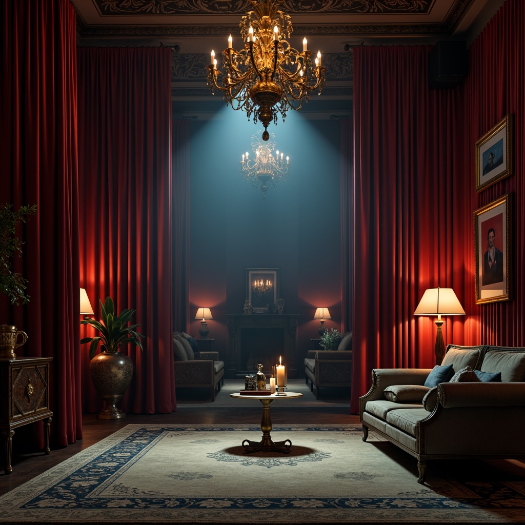 Prompt: Moody ambiance, dim warm lighting, rich velvet drapes, luxurious furniture, metallic accents, bold red walls, deep blue undertones, golden ornaments, soft beige carpets, intricate patterns, ornate mirrors, lavish chandeliers, mysterious shadows, high contrast ratio, cinematic composition, atmospheric fog, dramatic spotlighting.