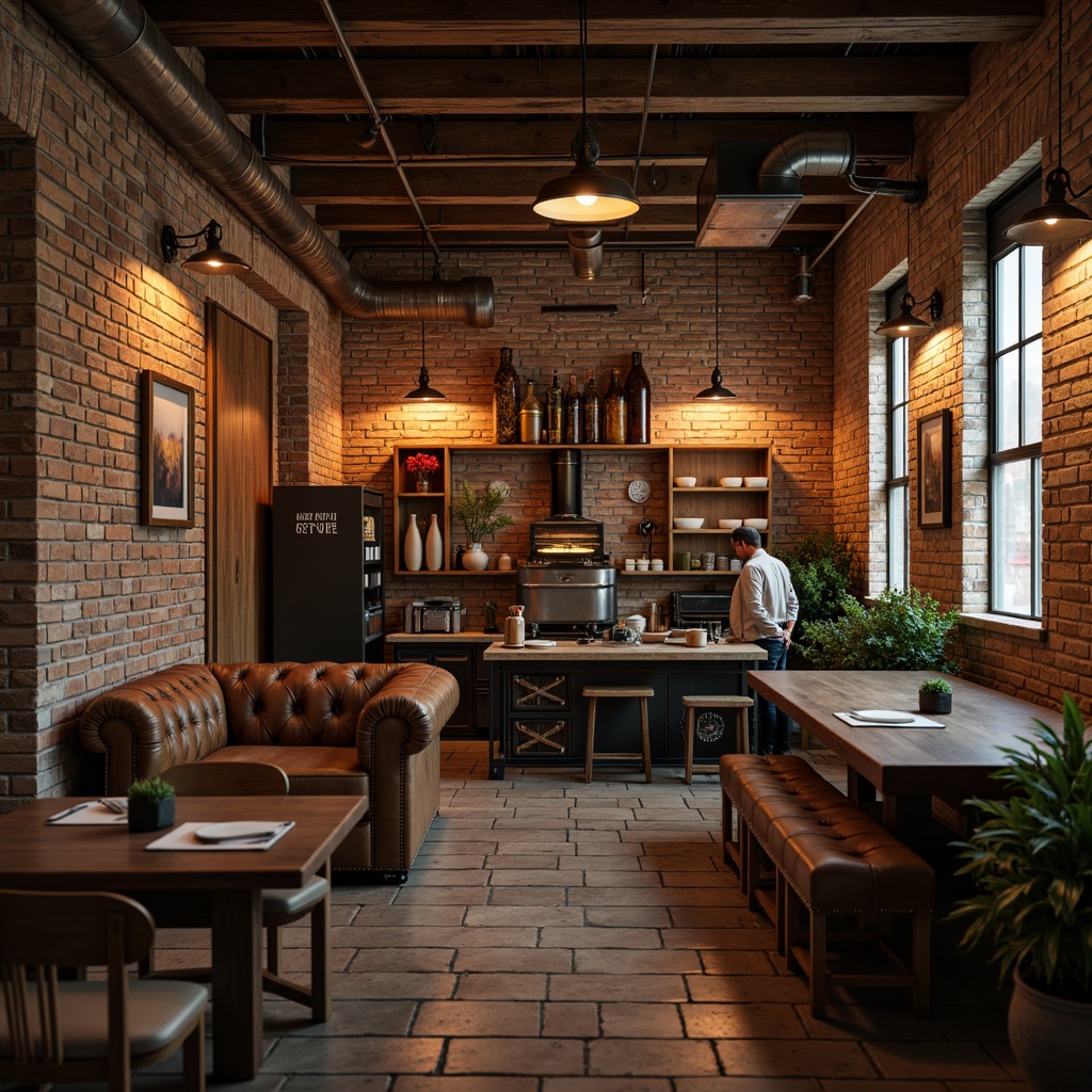 Prompt: Exposed brick walls, reclaimed wood accents, metal beams, vintage factory lamps, distressed finishes, industrial-grade steel fixtures, Edison bulb lighting, worn leather upholstery, rustic wooden crates, metal gears, antique machinery parts, earthy color palette, warm ambient lighting, shallow depth of field, 3/4 composition, realistic textures, ambient occlusion.