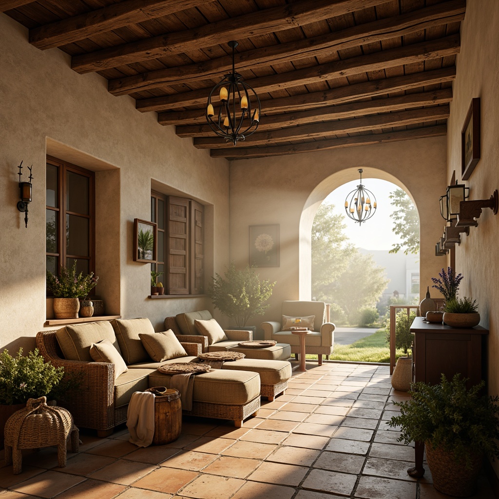 Prompt: Rustic farmhouse, soft warm glow, distressed wood beams, vintage metal lanterns, ornate iron chandeliers, cream-colored stone walls, natural linen fabrics, antique furniture pieces, floral patterns, countryside scenery, misty morning, warm golden lighting, shallow depth of field, 1/2 composition, realistic textures, ambient occlusion.