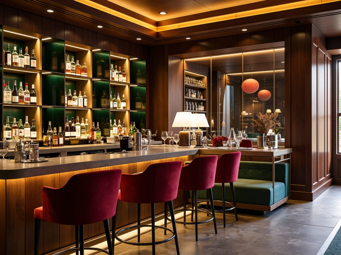 Prompt: Sophisticated home bar, rich wood tones, warm golden lighting, luxurious velvet fabrics, metallic accents, sleek glass shelves, vibrant bottle displays, earthy stone countertops, sophisticated color blocking, deep blues, emerald greens, warm neutrals, creamy whites, bold reds, 3/4 composition, atmospheric misting, soft warm glow, realistic textures.