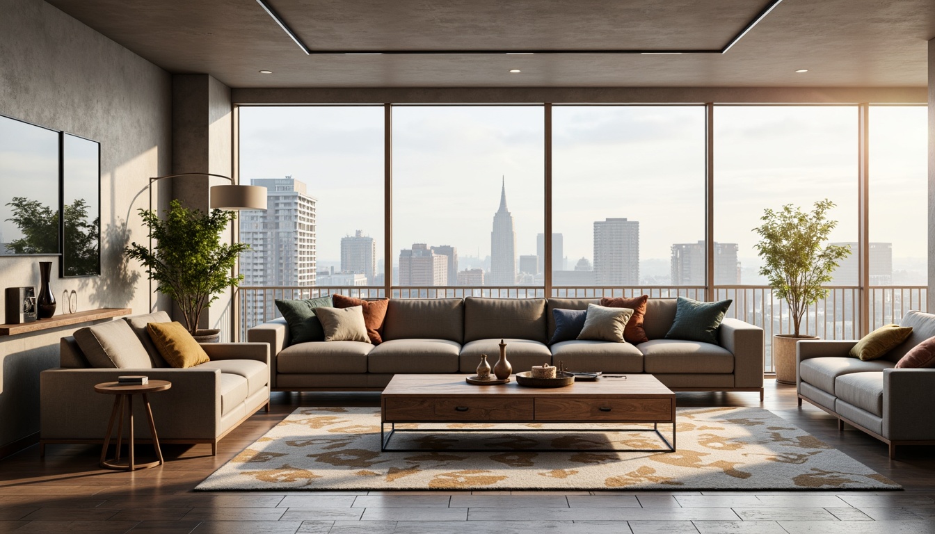 Prompt: Mid-century modern living room, sleek low-profile sofa, reclaimed wood coffee table, industrial metal legs, velvety soft cushions, geometric patterned rug, minimalist decor, floor-to-ceiling windows, natural light pouring in, urban cityscape view, subtle warm lighting, 1/1 composition, realistic textures, ambient occlusion.