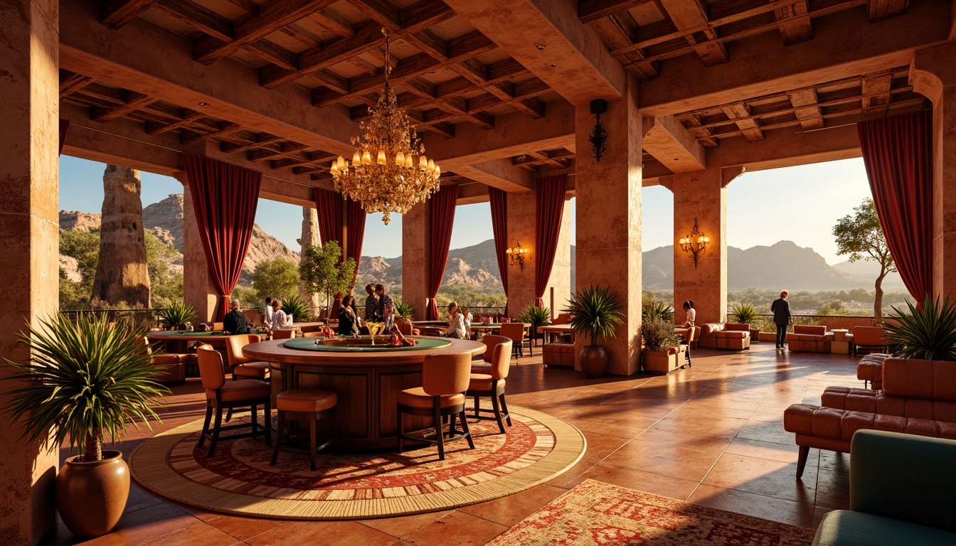 Prompt: Vibrant southwestern casino interior, warm golden lighting, soft ambient glow, rich wood accents, luxurious velvet fabrics, ornate metal fixtures, intricate tile work, lavish chandeliers, bold color schemes, dynamic spotlights, subtle backlighting, dramatic floor-to-ceiling drapery, opulent furnishings, rustic stone walls, distressed wooden beams, warm terracotta floors, sunny desert landscape views, majestic mountain vistas, dramatic cove lighting, layered lighting effects, cinematic atmosphere.