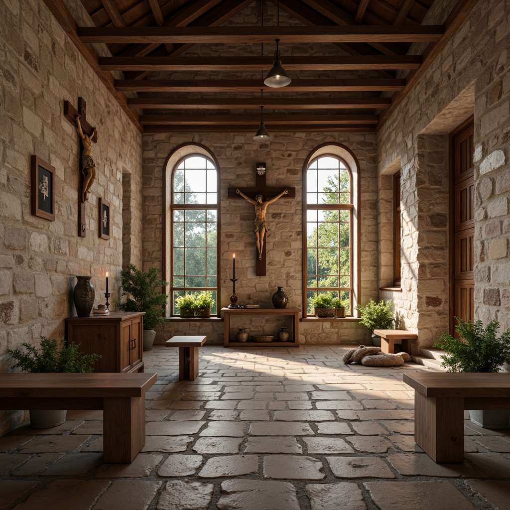 Prompt: Serene monastery interior, rustic stone walls, wooden accents, simple benches, minimalist decor, calming ambiance, warm candlelight, ornate wooden crucifixes, elegant stained glass windows, vaulted ceilings, arched doorways, peaceful courtyards, lush greenery, natural stone floors, earthy color palette, subtle textures, soft diffused lighting, 1/2 composition, intimate atmosphere, realistic wood grains.