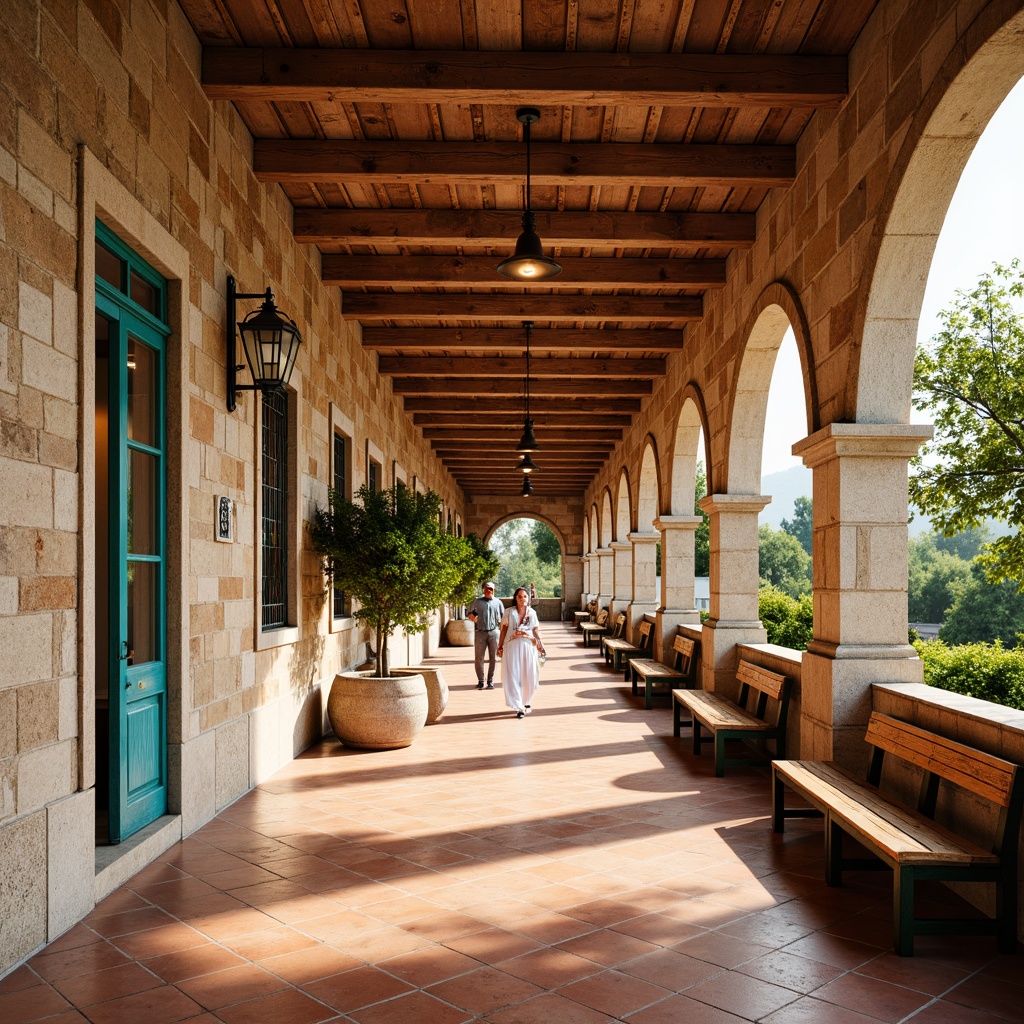 Prompt: Warm Mediterranean bus station, rustic stone walls, earthy terracotta floors, curved archways, ornate metalwork details, vibrant turquoise accents, natural limestone columns, sun-bleached wooden benches, decorative ceramic tiles, soft warm lighting, shallow depth of field, 1/1 composition, realistic textures, ambient occlusion.