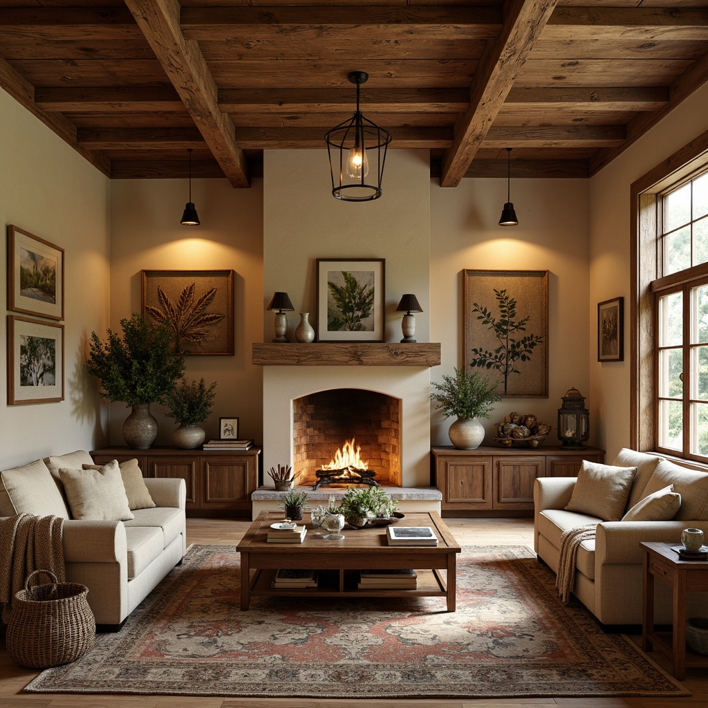 Prompt: Rustic Craftsman interior, earthy tone color scheme, warm beige walls, rich wood accents, natural stone fireplaces, cozy throw blankets, vintage furniture pieces, distressed wooden beams, soft warm lighting, ambient shadows, shallow depth of field, 1/2 composition, realistic textures, organic patterns, nature-inspired motifs, botanical prints, woven baskets, leather-bound books, metal lanterns, candlelit ambiance.