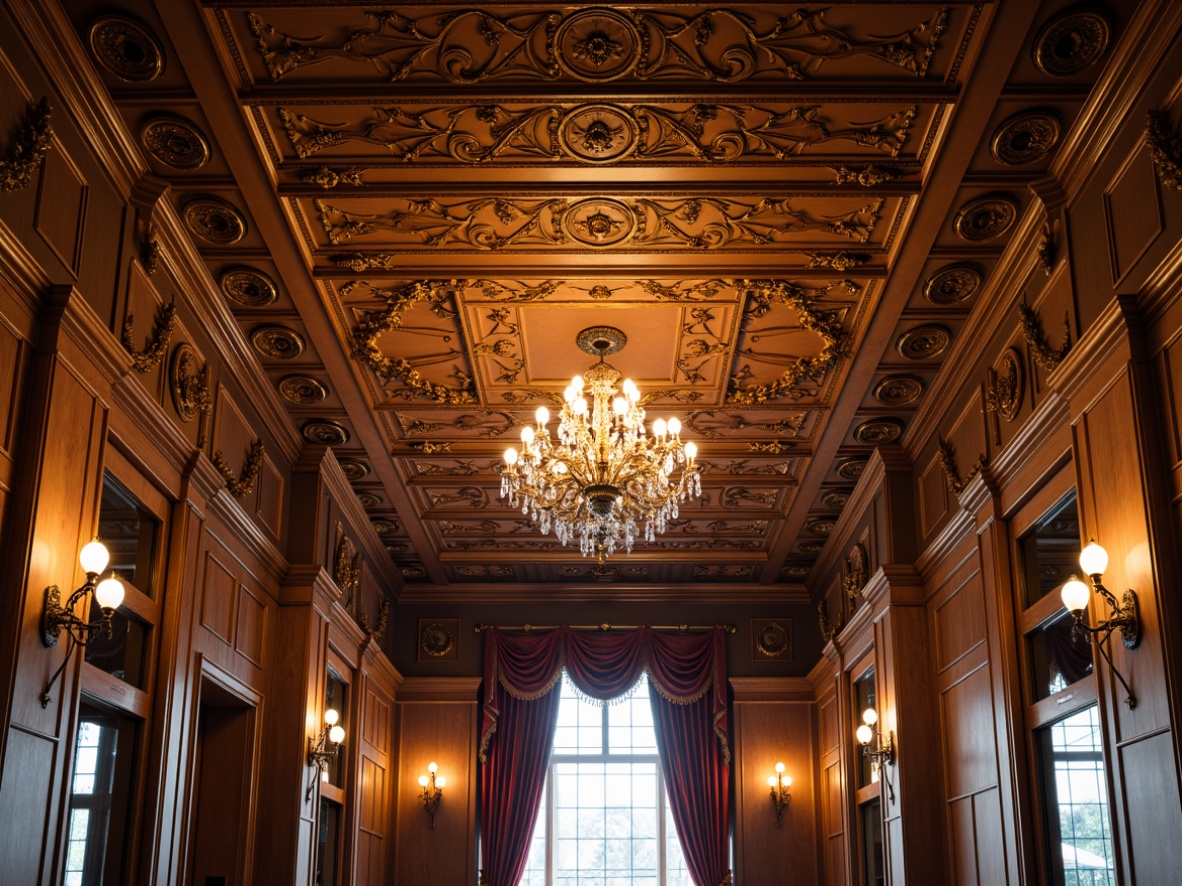 Prompt: Ornate Victorian ceiling, intricate moldings, decorative cornices, ornamental medallions, lavish chandeliers, crystal droplets, rich wood tones, walnut paneling, gilded accents, velvet draping, luxurious fabrics, tassel trimmings, grandiose proportions, symmetrical composition, warm golden lighting, soft diffused shadows, 1/1 aspect ratio, realistic textures, ambient occlusion.