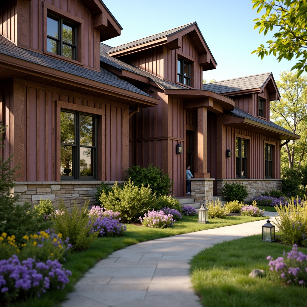 Prompt: Mauve-colored craftsman cottage, rustic wooden exterior, earthy brown accents, ornate stone carvings, vintage metal lanterns, lush greenery, blooming wildflowers, sunny afternoon, warm soft lighting, shallow depth of field, 3/4 composition, realistic textures, ambient occlusion.