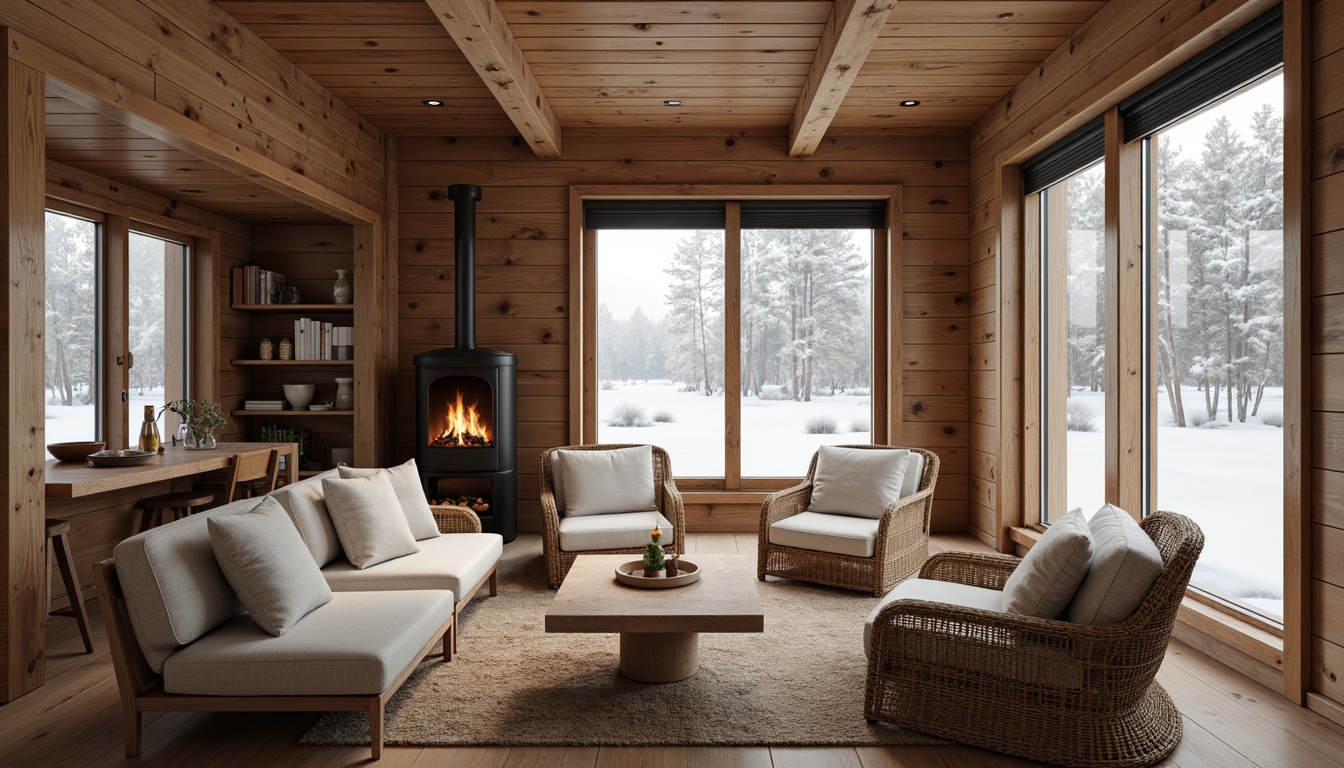 Prompt: Rustic wooden cabins, natural pine textures, earthy tones, woven wicker furniture, linen fabrics, organic shapes, minimal ornamentation, functional simplicity, cozy atmospheres, soft candlelight, warm fireplaces, snowy winter landscapes, frozen lakes, misty forests, Nordic-inspired patterns, handcrafted details, sustainable materials, eco-friendly production, organic forms, subtle color palettes, natural light filtering, shallow depth of field, 2/3 composition, intimate scale, inviting warmth.