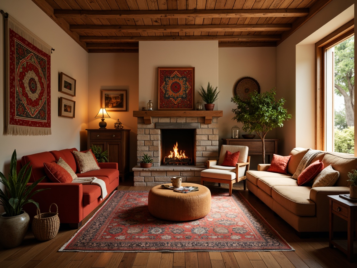 Prompt: Cozy living room, plush throw blankets, soft velvety sofas, warm beige walls, crackling fireplace, wooden floorboards, Moroccan-inspired tapestries, vibrant colorful pillows, intricately patterned rugs, ambient warm lighting, shallow depth of field, 3/4 composition, realistic textures, comfortable seating areas, relaxation ambiance.