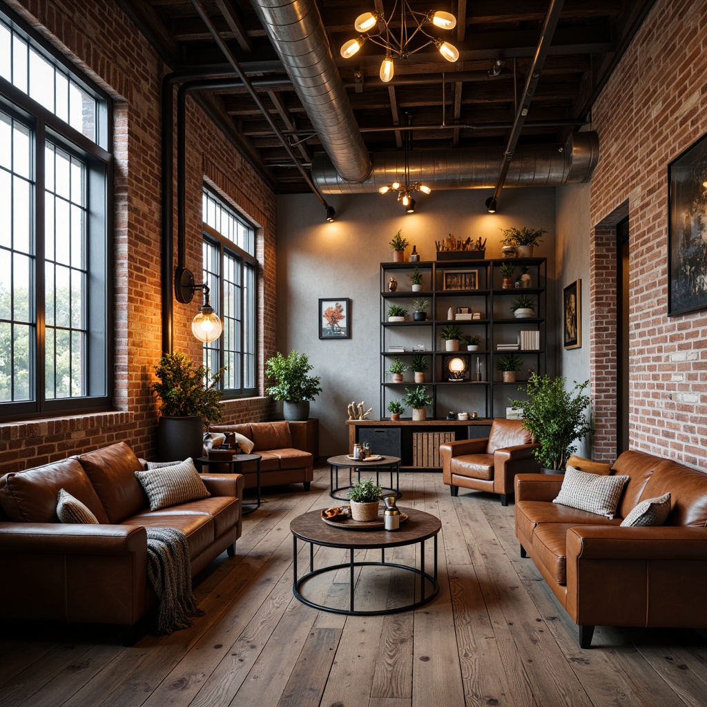 Prompt: Exposed brick walls, metal beams, reclaimed wood floors, industrial chic decor, vintage factory lights, distressed leather sofas, rusty metal coffee tables, Edison bulb lamps, urban loft atmosphere, modern minimalist art pieces, concrete accent walls, functional metal shelves, aged wooden crates, eclectic decorative accents, warm task lighting, shallow depth of field, 1/1 composition, realistic textures, ambient occlusion.