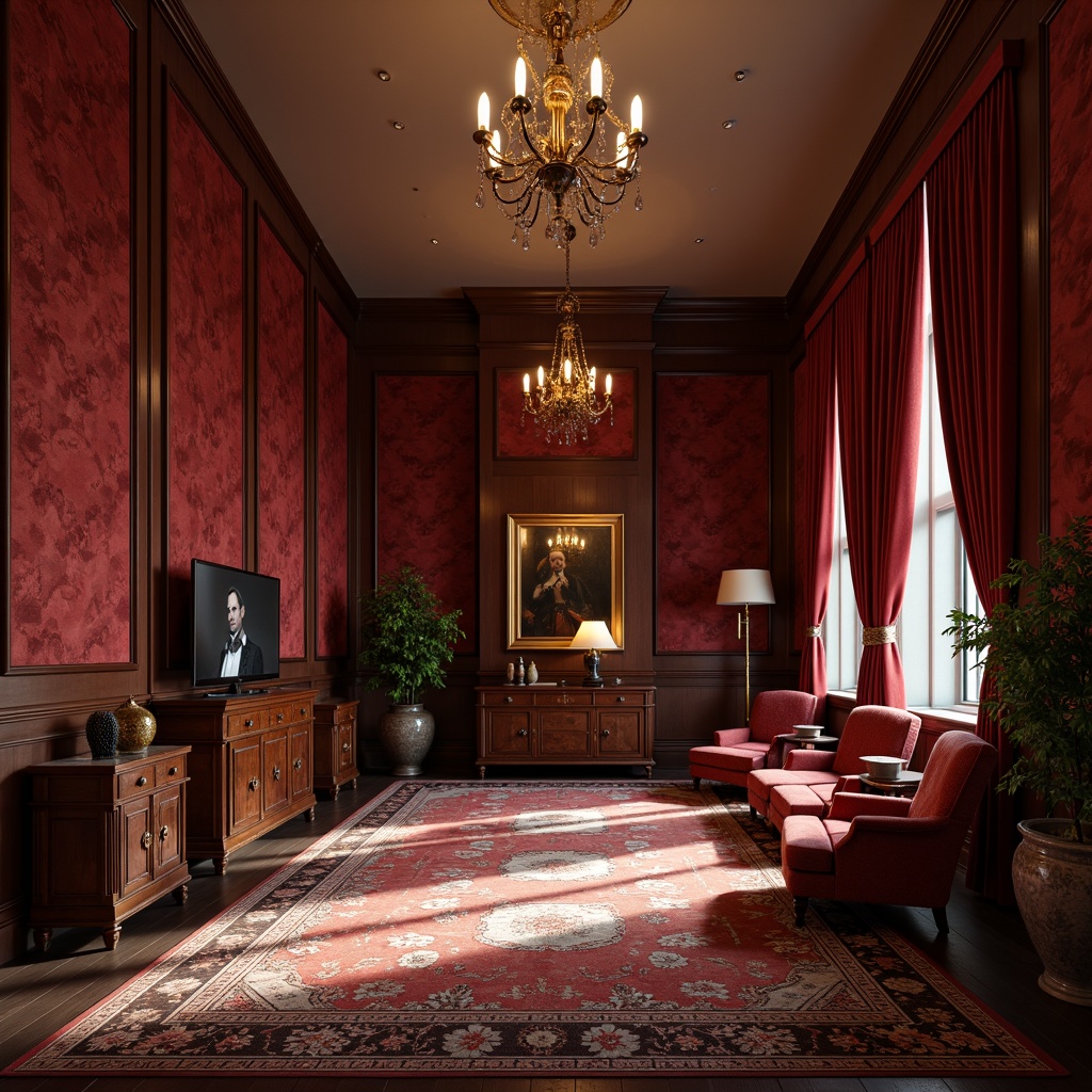 Prompt: Rich maroon walls, luxurious velvet fabrics, warm golden lighting, ornate wooden furniture, intricate carvings, plush area rugs, sumptuous drapery, elegant crystal chandeliers, sophisticated modern interior design, spacious high ceilings, minimal ornamentation, soft focused photography, 1/2 composition, atmospheric ambiance, subtle shadows, realistic material textures.