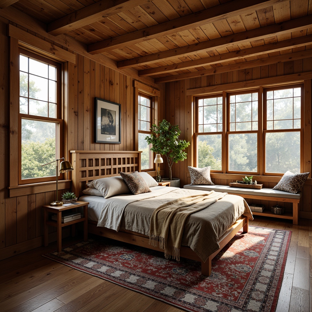 Prompt: Cozy craftsman bedroom, wooden accents, rustic furniture, reclaimed wood panels, distressed finishes, warm earthy tones, natural textiles, plush area rug, comfortable reading nook, wooden window frames, stained glass windows, soft morning light, 1/1 composition, shallow depth of field, realistic wood textures, ambient occlusion.