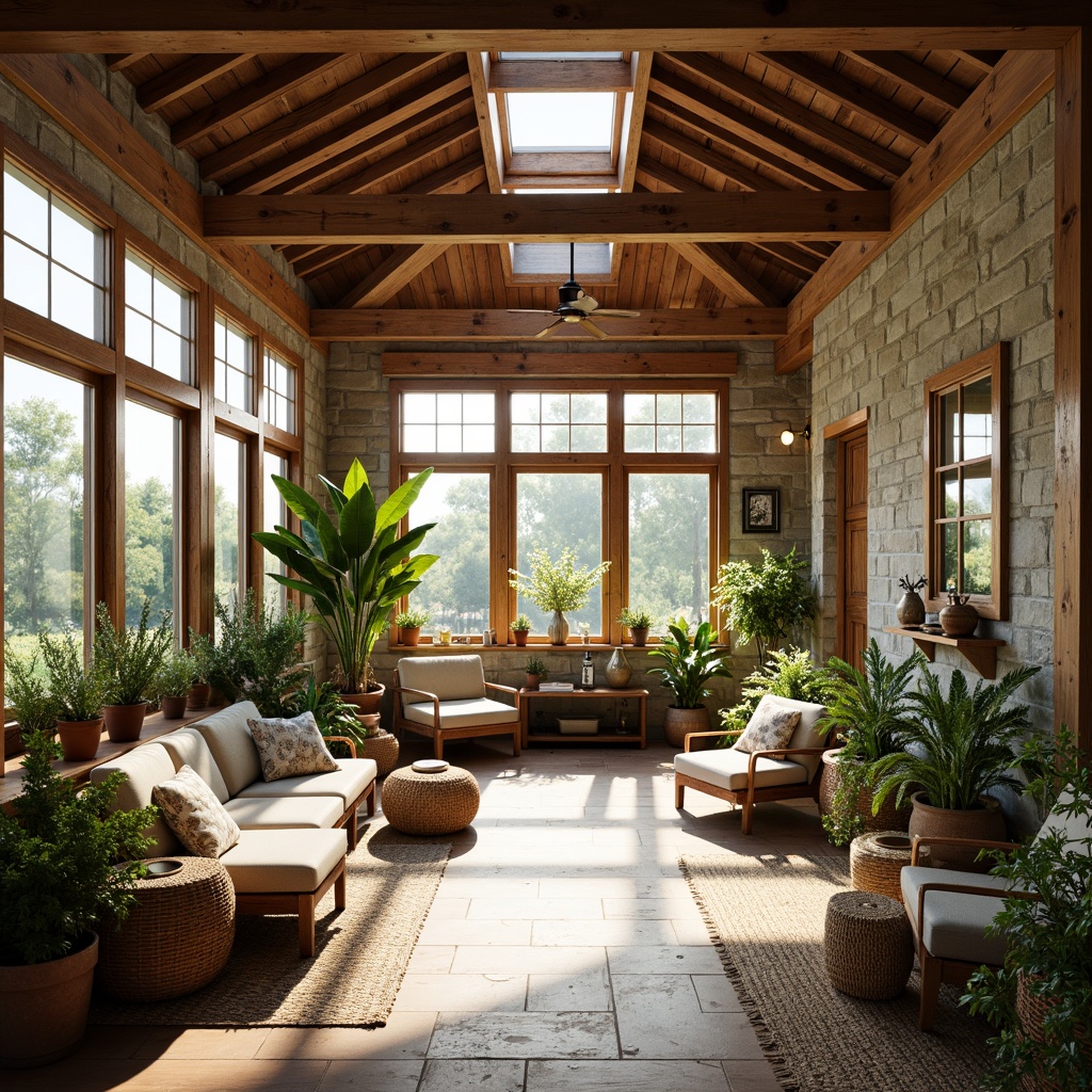 Prompt: Cozy sunroom, farmhouse style, abundant natural light, rustic wooden beams, vintage windows, soft warm glow, lush greenery, potted plants, rattan furniture, woven textiles, earthy tones, stone walls, reclaimed wood accents, modern skylights, clerestory windows, sliding glass doors, panoramic views, serene atmosphere, warm sunny day, shallow depth of field, 1/1 composition, soft focus, realistic textures.