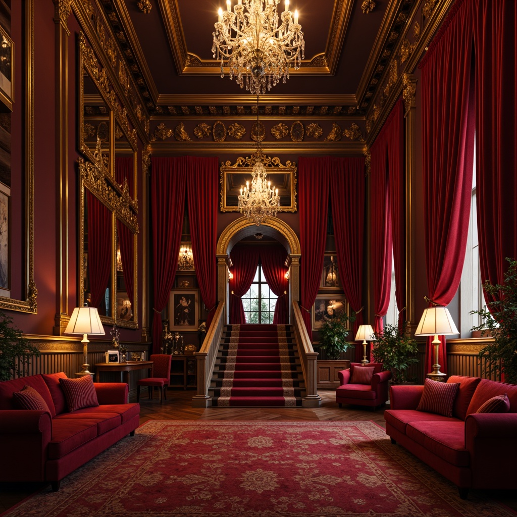 Prompt: Rich velvet drapes, ornate golden frames, intricate carvings, lavish chandeliers, red plush couches, gilded mirrors, decorative molding, grand staircase, opulent furnishings, heavy crimson curtains, luxurious fabrics, dramatic lighting, warm candlelight, soft focus, shallow depth of field, 2/3 composition, symmetrical balance, realistic textures, ambient occlusion.