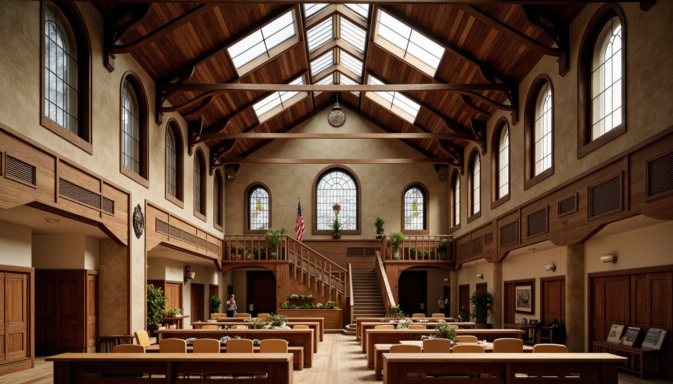 Prompt: Rustic courthouse, wooden accents, natural stone walls, earthy color palette, clerestory windows, skylights, warm ambient lighting, wooden beams, exposed ductwork, metal roof trusses, stained glass windows, geometric patterns, traditional craftsmanship, grand staircase, rich wood tones, soft diffused light, 1/2 composition, realistic textures, subtle shadows.