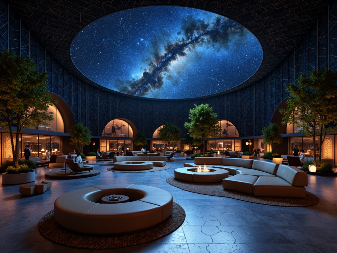 Prompt: Cosmic planetarium, starry night sky, mid-century modern furniture, sleek low-profile sofas, rounded armchairs, walnut wood coffee tables, geometric patterned rugs, minimalist decor, ambient soft lighting, circular benches, retro-futuristic accents, celestial-inspired textiles, 3D-printed decorative panels, hexagonal tiles, atmospheric soundscapes, 1/2 composition, shallow depth of field, realistic metallic reflections.