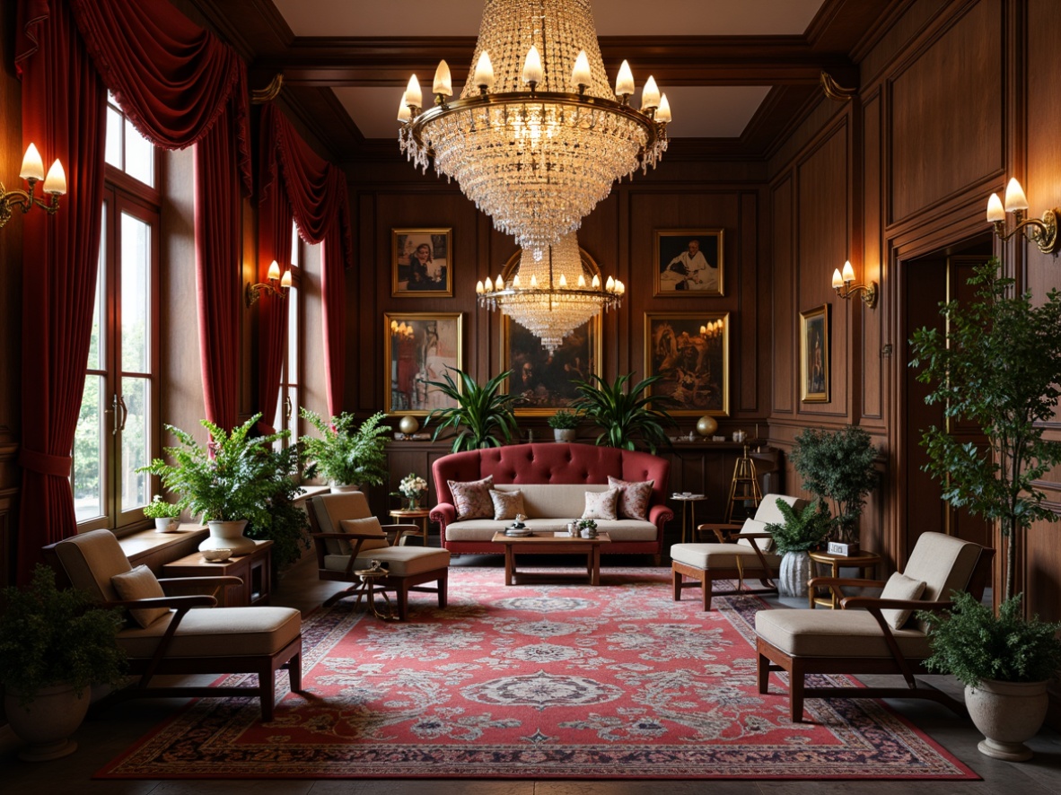 Prompt: Elegant chandelier, crystal droplets, luxurious velvet drapes, ornate gold frames, plush area rugs, vibrant floral patterns, intricately carved wooden furniture, metallic accents, ambient soft lighting, 1/1 composition, shallow depth of field, warm cozy atmosphere, inviting seating areas, lush greenery, natural stone flooring, richly textured walls, sophisticated color palette.