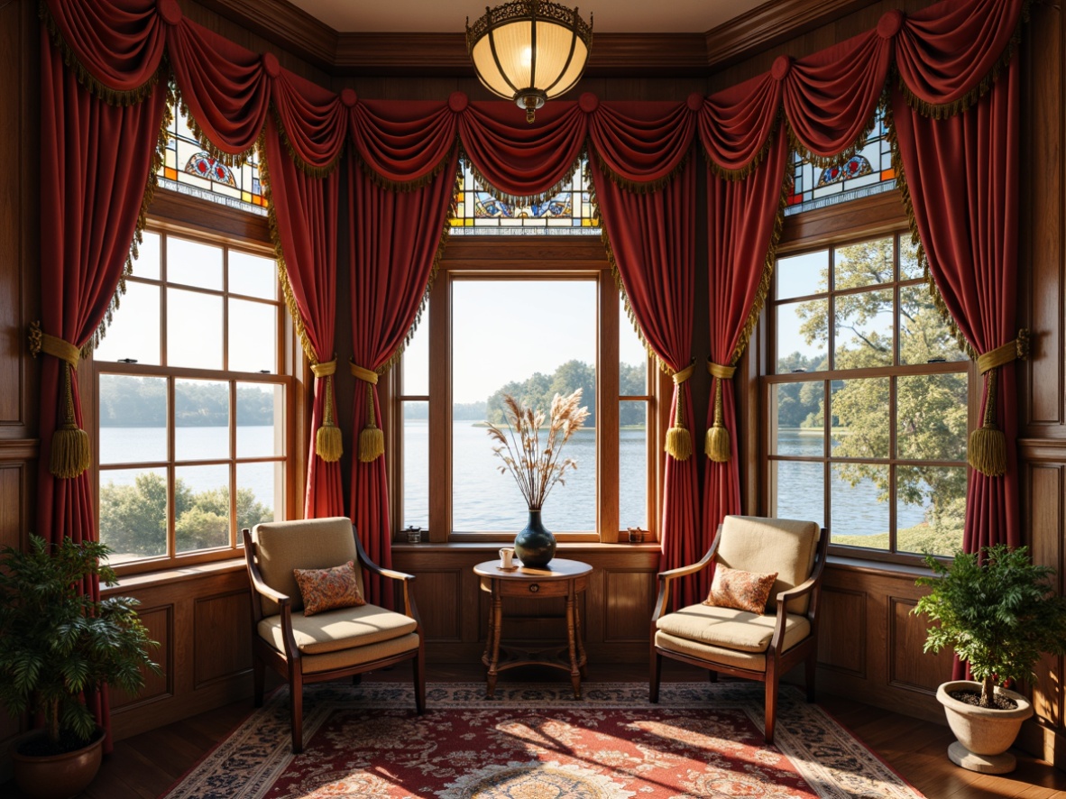 Prompt: Richly draped velvet curtains, golden tassels, ornate wooden blinds, stained glass windows, warm natural light, cozy reading nooks, plush armchairs, vintage nautical accents, distressed wood paneling, soft pastel colors, intricate moldings, grand chandeliers, luxurious fabrics, elegant swags, flowing drapery, boathouse-inspired decor, Victorian-era opulence, rustic wooden beams, water-inspired textures, serene lake views, misty morning atmosphere, warm soft focus, 1/1 composition.