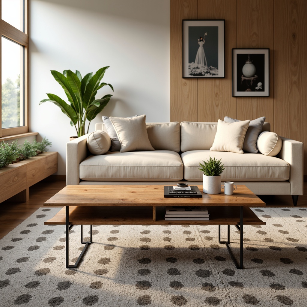 Prompt: Mid-century modern living room, sleek wooden coffee table, plush velvet sofa, minimalist metal legs, soft beige upholstery, geometric patterned rug, floor-to-ceiling windows, natural daylight, subtle warm lighting, 1/1 composition, realistic textures, ambient occlusion.