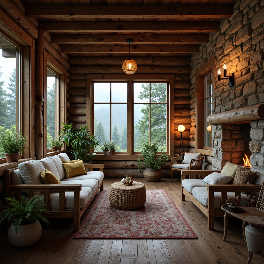 Prompt: Rustic cabin, reclaimed wood accents, natural stone walls, earthy color palette, wooden beams, exposed brick, vintage furniture, woven textiles, potted plants, candle lighting, soft warm glow, cozy atmosphere, forest surroundings, misty morning, shallow depth of field, 1/1 composition, realistic textures, ambient occlusion.