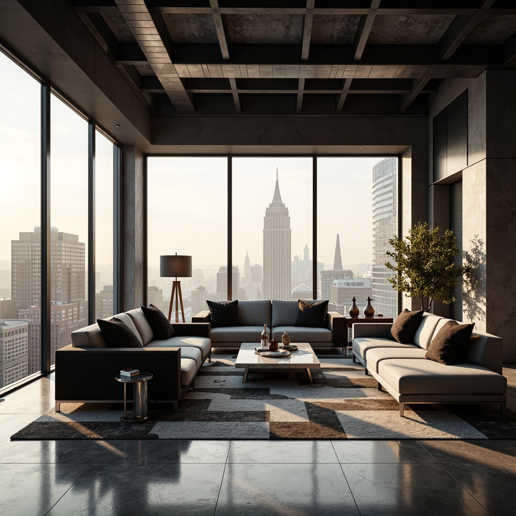 Prompt: Monochromatic interior, sleek Modernist furniture, polished chrome accents, velvety soft sofas, marble coffee tables, geometric patterned rugs, floor-to-ceiling windows, urban city views, warm golden lighting, shallow depth of field, 1/2 composition, realistic textures, ambient occlusion, calm atmosphere, minimalist decor, industrial-chic metal beams, luxurious fabrics, subtle color gradations, sophisticated Streamline Moderne aesthetic.