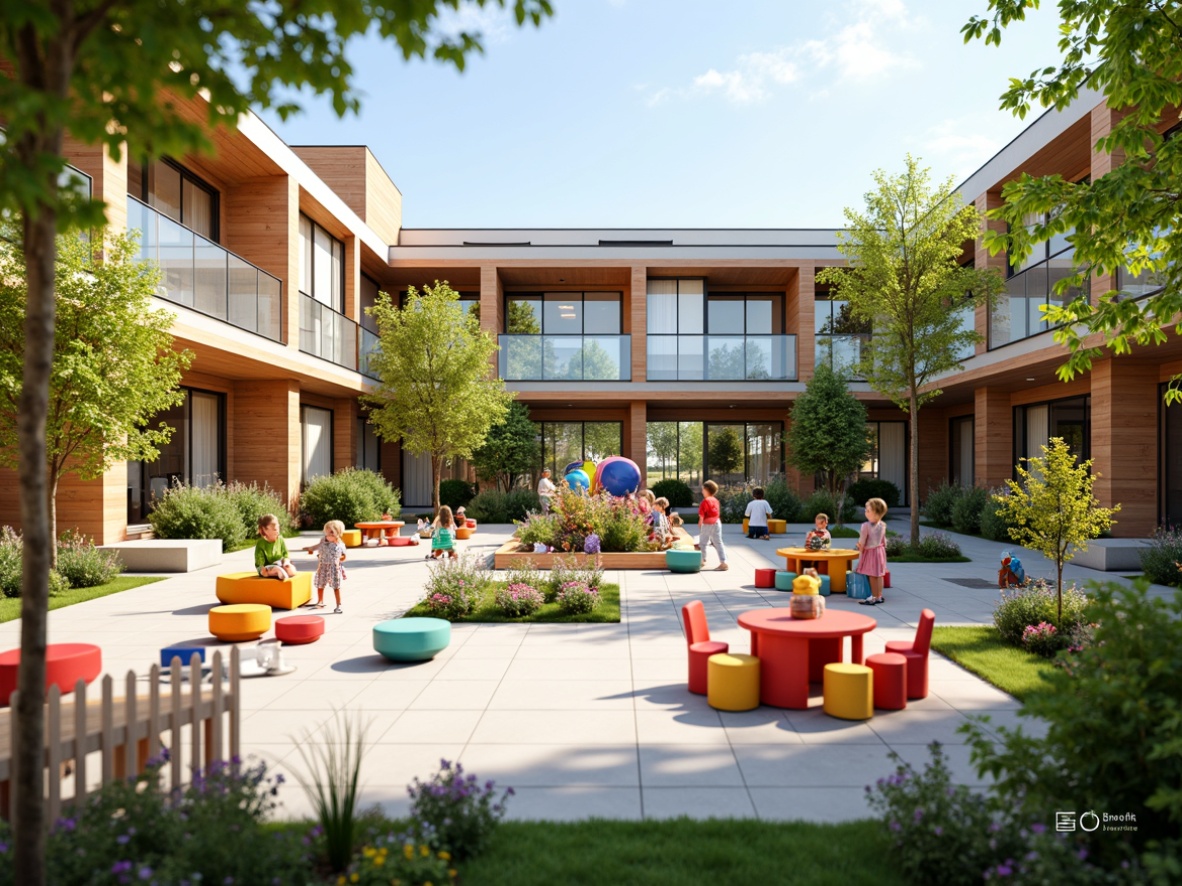 Prompt: Bright kindergarten playground, colorful outdoor furniture, modern minimalist architecture, large windows, transparent glass doors, clerestory windows, skylights, natural stone walls, wooden accents, vibrant greenery, blooming flowers, sunny day, soft warm lighting, shallow depth of field, 3/4 composition, panoramic view, realistic textures, ambient occlusion.