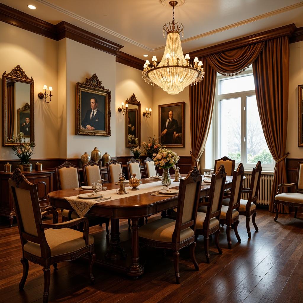 Prompt: Elegant traditional dining room, ornate wooden furniture, intricately carved chairs, rich velvet upholstery, luxurious crystal chandeliers, warm golden lighting, ornamental mirrors, classic paintings, vintage vases, lace table runners, fine china cabinets, subtle floral patterns, cream-colored walls, dark hardwood floors, sophisticated ambiance, shallow depth of field, 1/2 composition, soft focus effect, realistic textures.