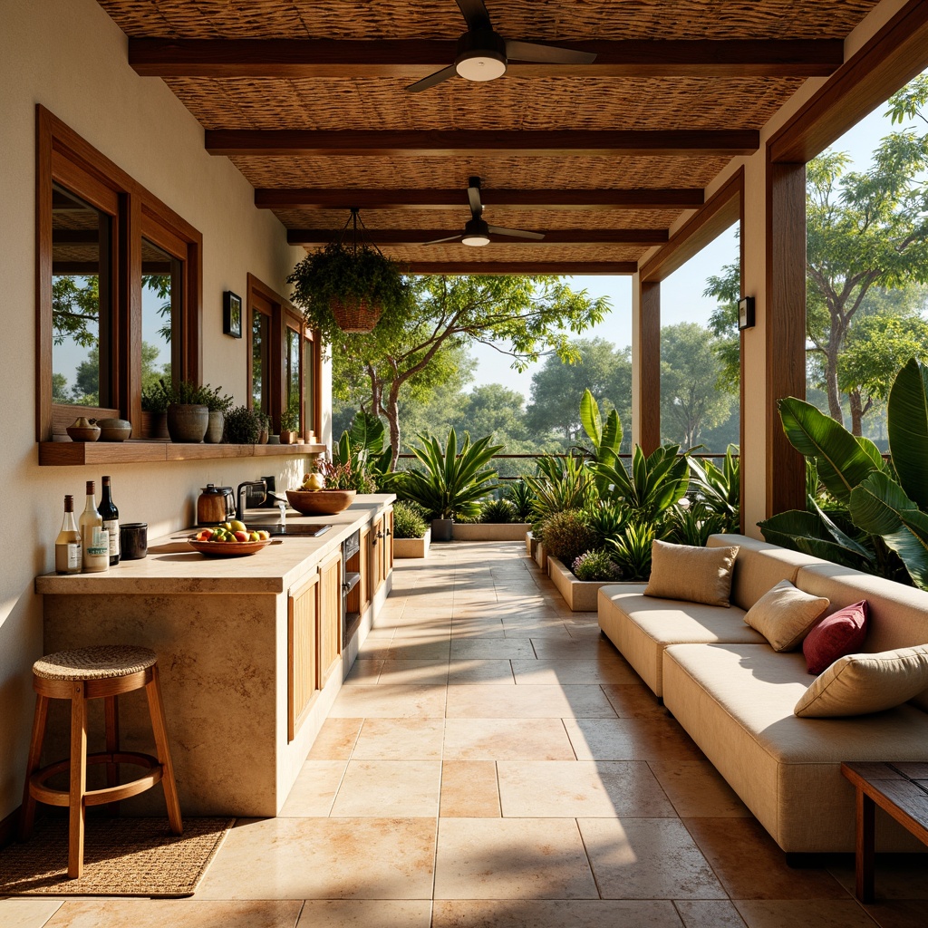 Prompt: Tropical kitchen space, warm beige terracotta tiles, exotic hardwood floors, distressed wood planks, woven natural fiber mats, vibrant colorful ceramic tiles, glossy polished concrete, rustic stone pavers, lush greenery, palm trees, bright sunny day, soft warm lighting, shallow depth of field, 3/4 composition, panoramic view, realistic textures, ambient occlusion.