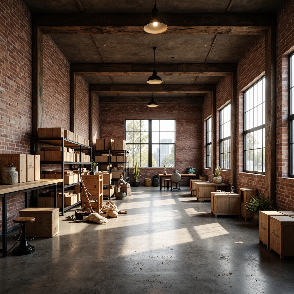 Prompt: Rustic distribution center, exposed brick walls, metal beams, wooden crates, industrial lighting fixtures, pendant lamps, concrete floors, vintage machinery, distressed wood accents, earthy color palette, natural stone textures, minimalist decor, functional shelving units, open layout, high ceilings, large windows, soft warm lighting, shallow depth of field, 3/4 composition, realistic reflections, ambient occlusion.