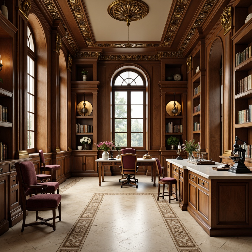 Prompt: Elegant laboratory, Neoclassical furniture, ornate carvings, rich wood tones, cream-colored marble, velvet upholstery, gilded accents, intricate moldings, classical proportions, symmetrical compositions, softbox lighting, subtle shadows, 1/1 composition, realistic textures, ambient occlusion, antique scientific instruments, vintage microscopes, distressed leather-bound tomes, ornate metal fixtures, luxurious fabrics, refined color palette.