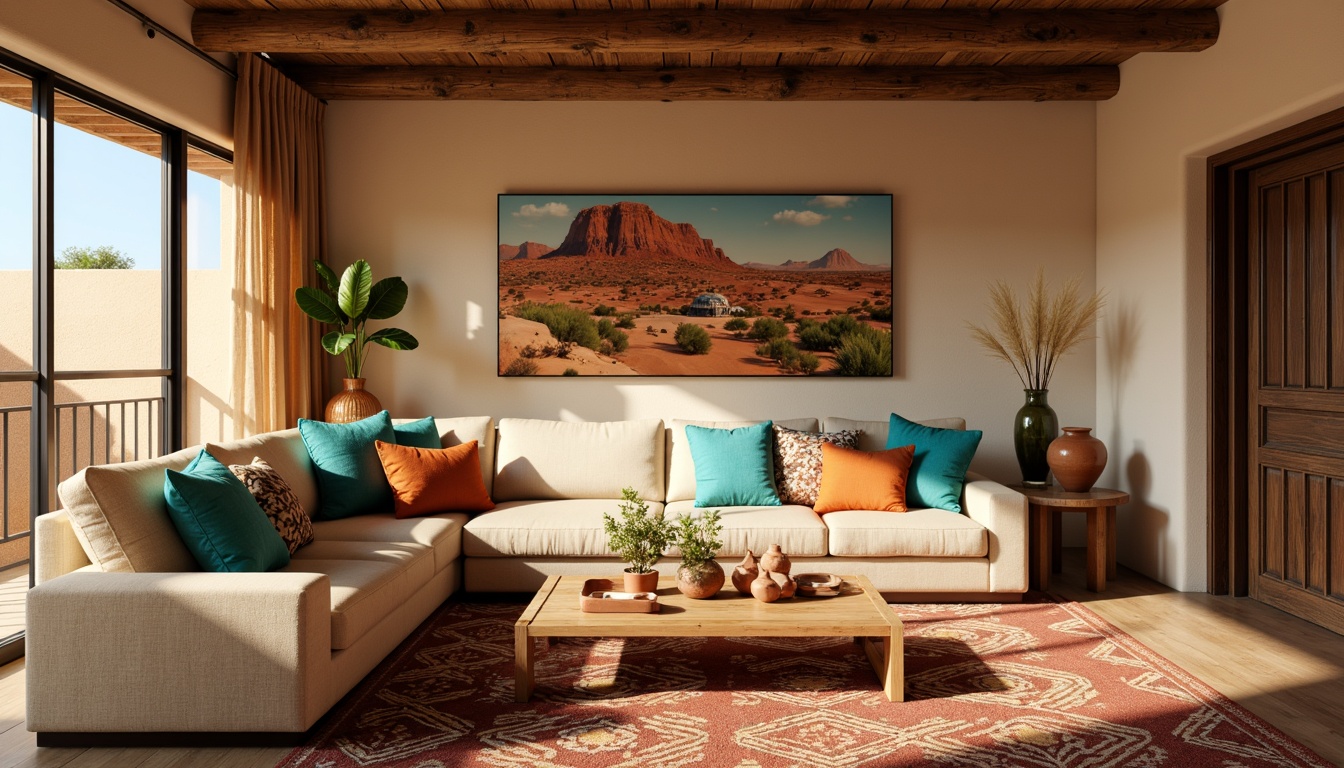 Prompt: Southwestern-style living room, earthy tone furniture, woven textiles, vibrant turquoise accents, natural wood coffee table, plush sectional sofa, geometric patterned rug, rustic wooden side tables, clay pottery vases, desert-inspired artwork, warm golden lighting, soft shadows, 1/1 composition, realistic textures, ambient occlusion.