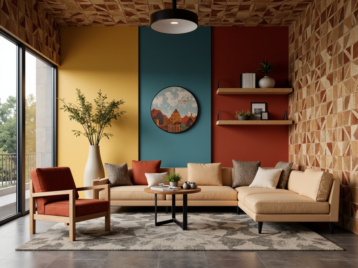 Prompt: Mid-century modern interior, stylish wall treatments, geometric patterns, bold color blocking, natural wood accents, textured woven fibers, minimalist shelves, sleek metal frames, abstract artwork, retro-inspired wallpaper, 3D geometric tiles, organic shapes, earthy tone palette, warm ambient lighting, shallow depth of field, 1/1 composition, realistic textures, subtle shadowing.