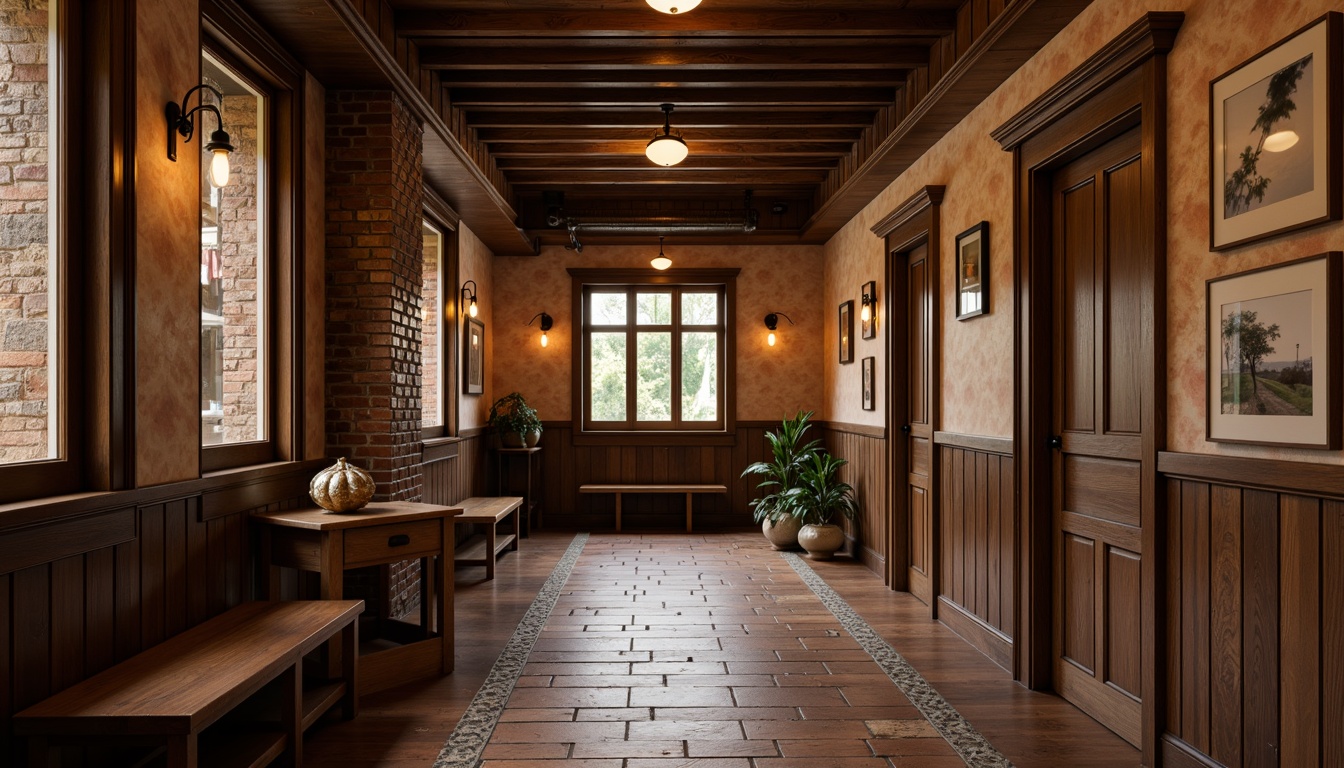 Prompt: Warm hallway, rich wood tones, natural textures, earthy color palette, rustic charm, wooden wainscoting, decorative trims, ornate moldings, vintage fixtures, traditional craftsmanship, exposed beams, stonework, brick accent walls, warm lighting, soft shadows, 1/1 composition, realistic rendering, ambient occlusion.